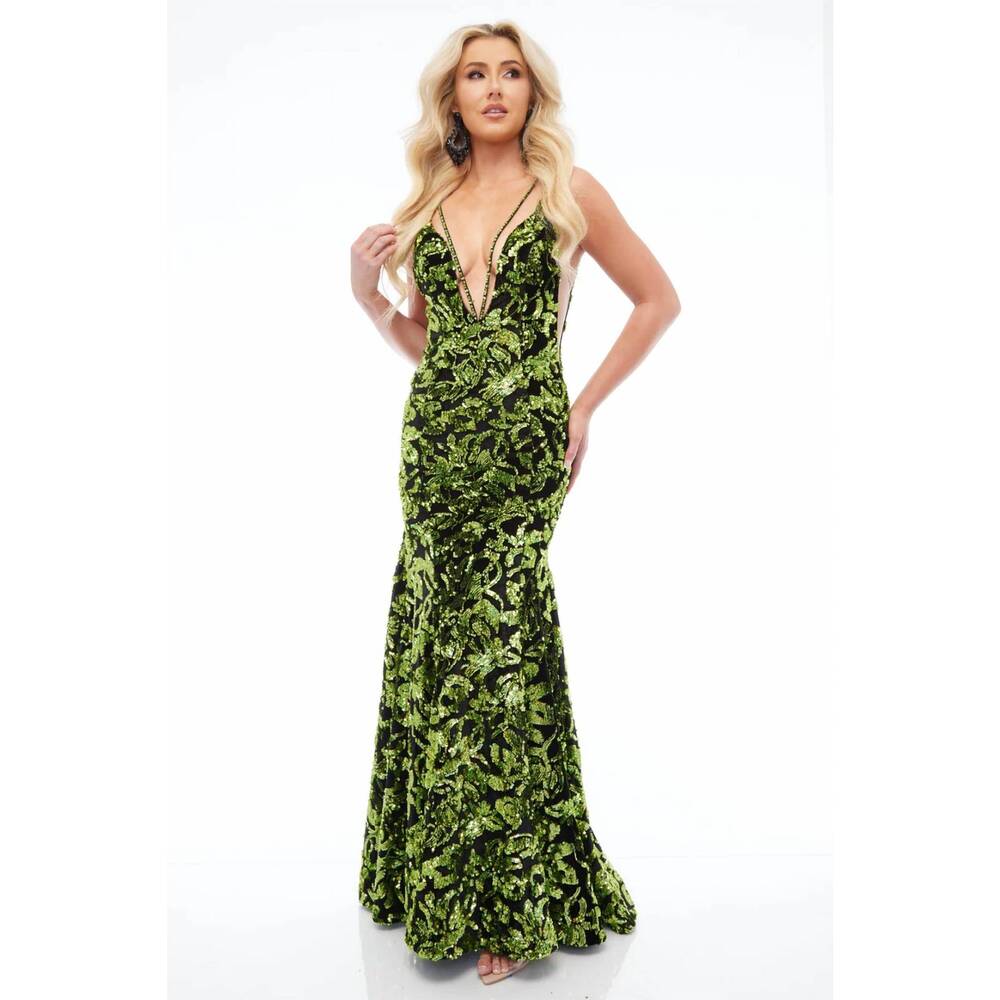 NEW JASZ COUTURE sheer side beaded gown in black/lime